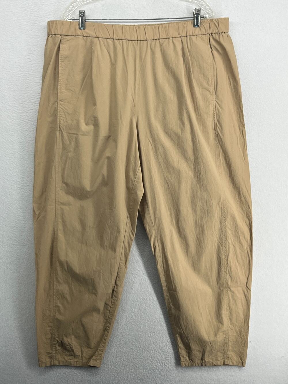 EILEEN FISHER Pants XL Organic Cotton Poplin Tapered Barrel Pull On Brown NEW